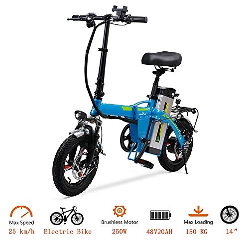 Electric Bike : LIU Portable Folding Electric Bike, 14 Inch Tire 400W Motor ebike Max 35km / h e bike For Adult, Blue
