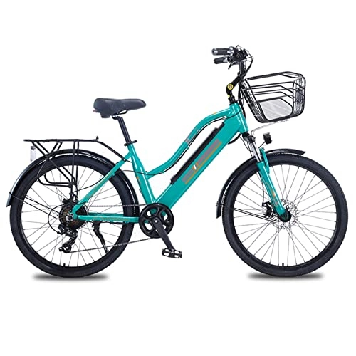 Electric Bike : Liu Women Mountain Electric Bike with Basket 36V 350W 26 Inch Electric Bicycle Aluminum Alloy Electric Bike (Color : Green, Number of speeds : 7)