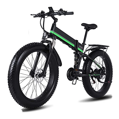 Electric Bike : LIUD Mountain Foldable Electric Bike 4.0 Fat Tire 1000W Mountain Electric Bike 26 Inch Tire Snow Electric Bicycle Men 48V Adult Cycling E bike (Color : Black Green)