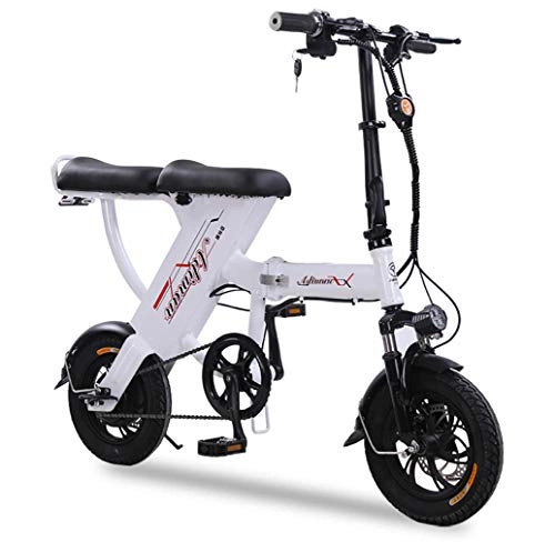 Electric Bike : LIXUE 12 Inches Folding Electric Bicycles, Saddle Adjustable, Dual Disc Brakes Electric Bicycle for Commuting, White