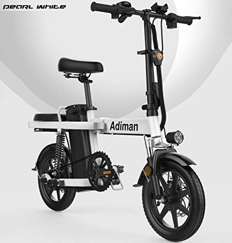 Electric Bike : LIXUE 14 Inches Folding Electric Bicycles, Saddle Adjustable, Dual Disc Brakes Electric Bicycle for Commuting, White