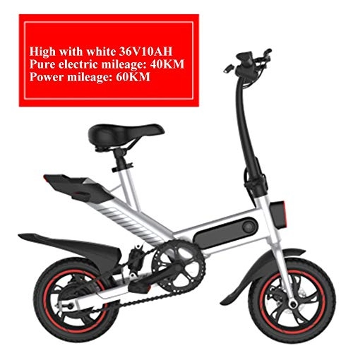 Electric Bike : LKLKLKLK Folding Electric Bike with 36 V 10 Ah Lithium-Ion Battery, 12 Inch Ebike with 250 W Brushless Motor, LED Bicycle Light, 3 Riding Mode White