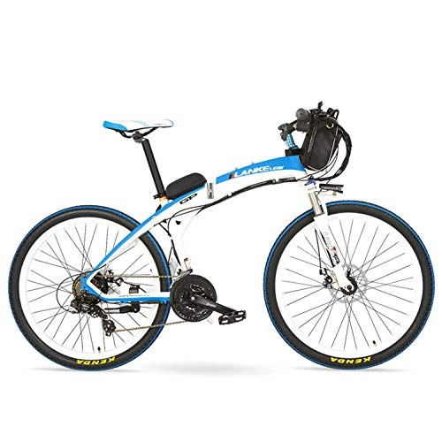 Electric Bike : LKS GP 26 Inch E-bike Quick-Folding Mountain Bicycle, 48V Battery Foldable Electric Bike, Suspension Fork, Front & Rear Disc Brake (White Blue, 12Ah + 1 Spare Battery)