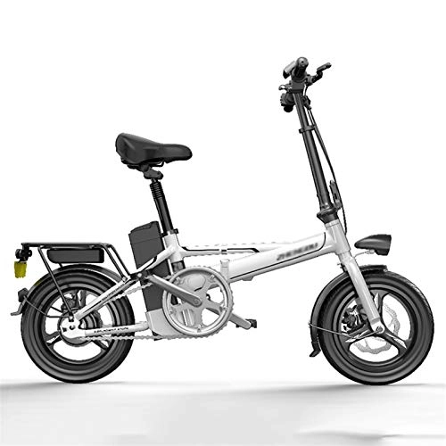 Electric Bike : LOMJK Folding Electric Bicycle, 400W Electric Bicycle, 14-inch Tire Mountain Bike, Three Working Modes Adjustment, Adult Electric Bicycle (Color : White, Size : 80KM)
