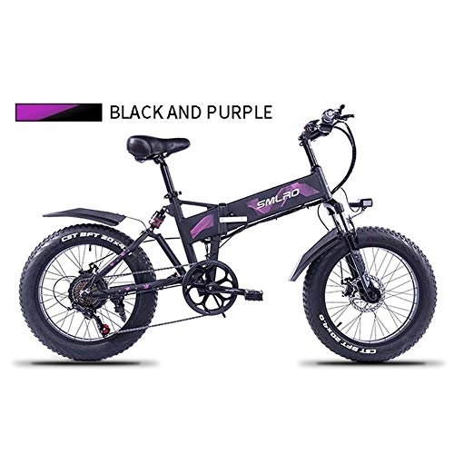 Electric Bike : LOO LA Folding 20inch Fat Tire e-Bike, Beach Cruiser Sports Mountain Bikes Full Suspension, 48v 8ah 350w Lithium Battery, 7 Speeds, Magnesium Alloy Ebikes Bicycles All Terrain, Purple