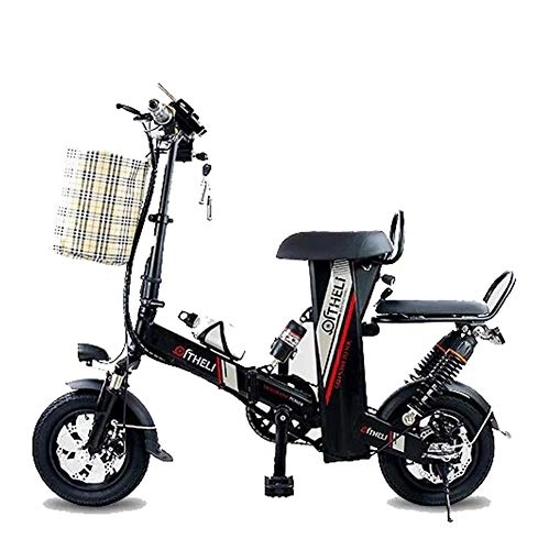 Electric Bike : LOVE-HOME 12-Inch Foldable Electric Bicycle, 2 Saddle Seat Adult E-Bike, Cruising Range 50 Kilometers Removable Lithium Battery Electric Bicycles with Basket, Black