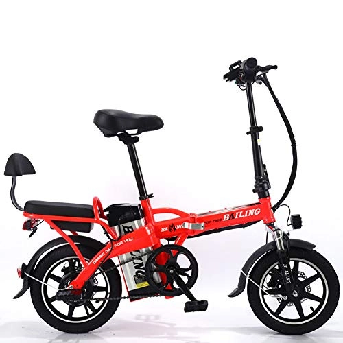 Electric Bike : LOVE-HOME 14 Inch Folding Electric Bicycle, 48V / 10A / 350W Lithium Battery E-Bike, Endurance 30-40KM Carbon Steel Two Seats Tandem Bicycles for Adults Youth, Red