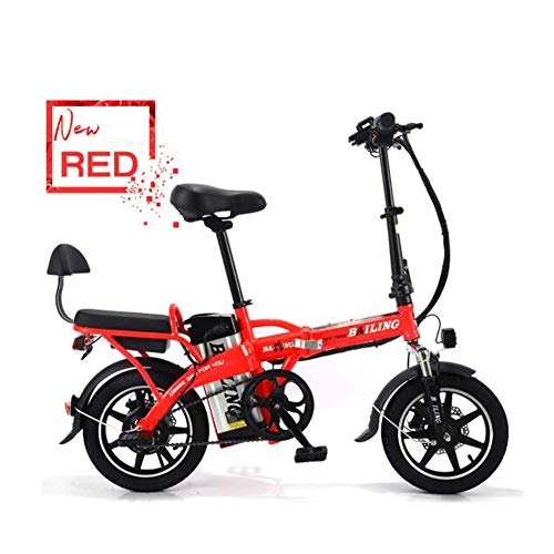 Electric Bike : LOVE-HOME 14 Inch Folding Electric Bicycle, 48V / 12A / 350W Endurance 40-50 Km Lithium Battery E-Bike, Carbon Steel Two Seats Tandem Bicycles for Adults Youth, Red