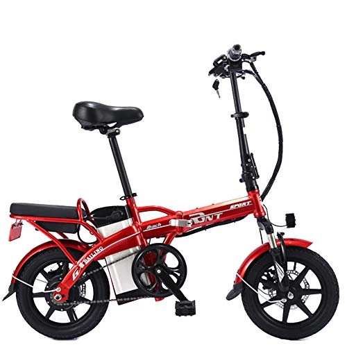 Electric Bike : LOVE-HOME 14 Inch Folding Electric Bike, 48V / 350W Motor E-Bike with Removable 8Ah Lithium Battery, Load Capacity 150Kg PVC Foldable Foot Pedal Tandem Bicycle, Red