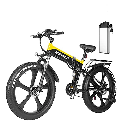 Electric Bike : LuoMei Adult Folding Electric Bike, Electric Bike Electric Mountain Bike Lightweight Ebike Professional Shimano Removable 48V 1000W Lithium Battery, Yellow