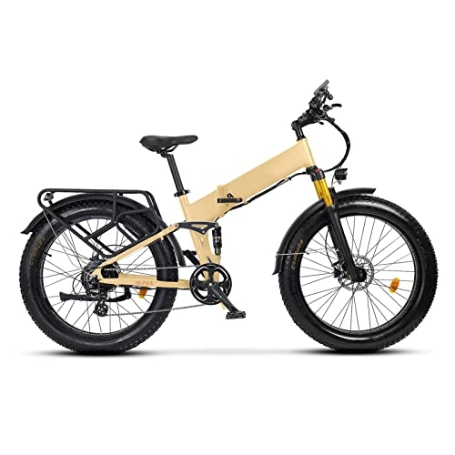 Electric Bike : LWL Electric Bikes for Adults Electric Bike For Adults Foldable 26 Inch Fat Tire 18.6 Mph 750W Ebike 48W 14Ah Lithium Battery Full Suspension Electric Bicycle (Color : Desert Tan)