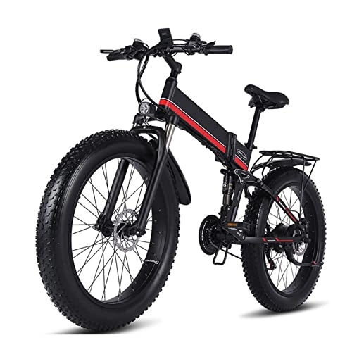 Electric Bike : LWL Waterproof Mountain Electric Bike 1000W Foldable Snow E Bike 26 Inch Tires, 20MPH Adults Ebike with Removable 12.8Ah Battery (Color : Red)