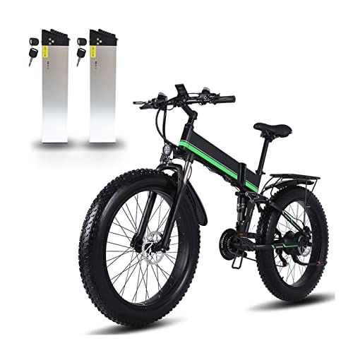 Electric Bike : LYUN 1000W Electric Bike 48V Motor for Men Folding Ebike Aluminum Alloy Fat Tire ​MTB Snow Electric Bicycle (Color : Green-2 Battery)