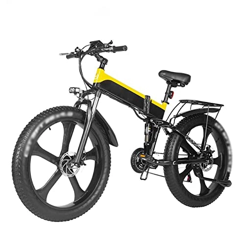 Electric Bike : LYUN Electric Bike for Adults Foldable 1000W Motor 26×4.0 Fat Tire, Electric Bicycles Mountain Bike 48V Snow Electric Bicycle (Color : Yellow, Size : 48v 17Ah battery)