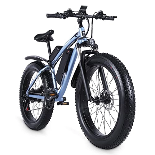 Electric Bike : LYUN Electric Bikes for Adults Men 26 Inch Fat Tire 48v 17ah Lithium Battery 21-Speed Snow Electric Bike (Color : Blue)