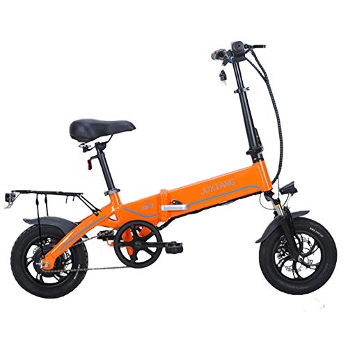 Electric Bike : Macro Battery Electric Bicycle Foldable Two-Wheeled To Work for Adult 12 Inch Headlight Shock-Absorbing Front Fork Front And Rear Dual Disc Brakes Leather Cushion Reinforced Folding Buckle, Orange