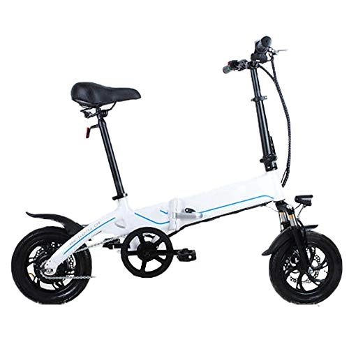 Electric Bike : Macro Battery Electric Bicycle Foldable Two-Wheeled To Work for Adult 12 Inch Headlight Shock-Absorbing Front Fork Front And Rear Dual Disc Brakes Leather Cushion Reinforced Folding Buckle, White