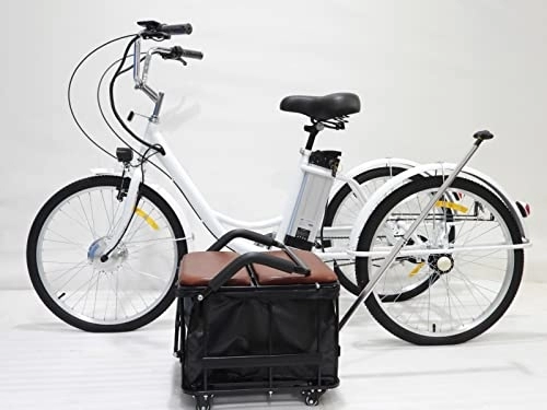 Electric Bike : MAYIMY Electric adult tricycle with seat lithium battery 36V12AH elderly tricycle enlarged basket with push rods and pulleys electric / assisted / manpower for parents and children(white 24inch)