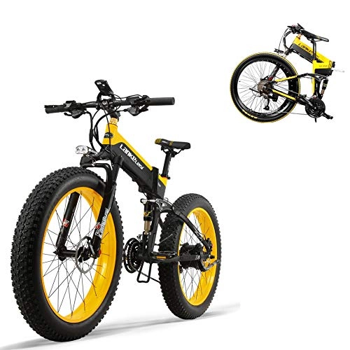 Electric Bike : MDDCER 48V 500W Electric Mountain Bicycle 26 Inch Fat Tire E-Bike（Top Speed 40 Km / H） Cruiser Mens Sports Bike Full Suspension Lithium Battery Mtb Dirtbike Black+Yellow-198 * 110 * 85-100cm