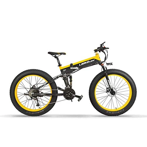 Electric Bike : MERRYHE Electric Folding Bicycle All Terrain Wide Tire Electric Bike Snow Mountain Bike 26 inch Adult Moped Power Bicycle, Yellow-48V10ah