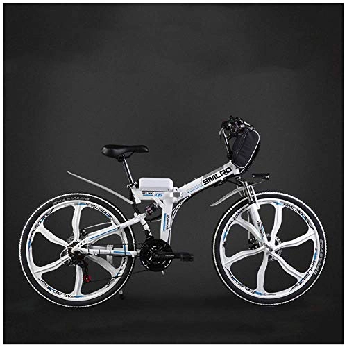 Electric Bike : MERRYHE Folding Electric Bicycle Mountain Road Bicycle Adult 26 Inch Moped City Power Bicycle 48V Lithium Battery, White-Three knife wheel