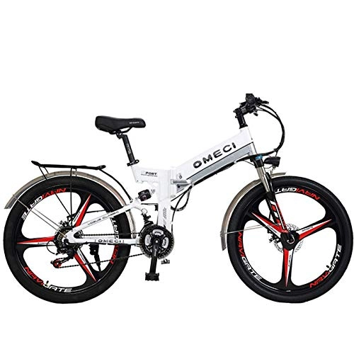 Electric Bike : MERRYHE Folding Electric Bike Road Mountain Bicycle Overall Wheel 26 inch Adult Fold Power Bicycle 48V Lithium Battery Off-road Moped, White-48V10ah