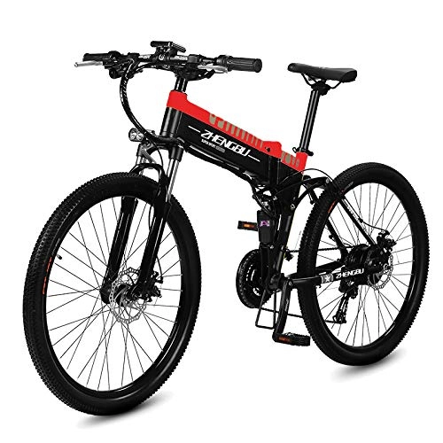 Electric Bike : MERRYHE Folding Electric Mountain Bicycle 240W 48V 10AH Removable Li-Battery Cruiser Bike 27 Speeds Beach Snow Road Bikes Disc Brakes Full Suspension 26 Inch Tire, Red-48V10AH