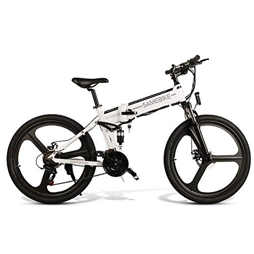 Electric Bike : Mikonca 26" Folding Electric Bike E-bike Aluminum Alloy 10.4AH 350W City Bicycle, 4-bar Full Suspension System, Shimano 21-speed, 35KM / H, 499WH, Max 80KM Distance-White