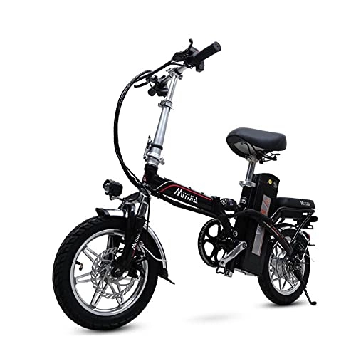 Electric Bike : Mini folding electric bicycle lithium battery bicycle power-assisted bicycle lady battery car with rear seat 48V14 inch remote control start(Color:black, Size:48V10AH)