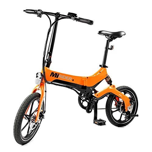 Electric Bike : MiRiDER One - Electric Bike - Folding Portable E-Bike For Commuting & Leisure | Rear Suspension, Pedal Assist Unisex Bicycle, 250W / 36V (Orange, Over 5ft 9 Inch Rider)