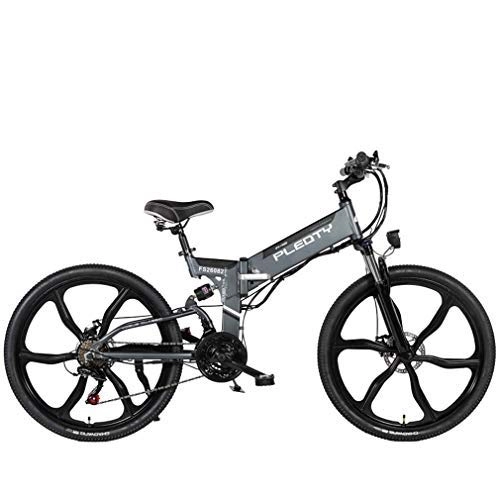 Electric Bike : MJL Beach Snow Bicycle, Foldable Adult Mountain Bike, 48V 10Ah, 480W Aluminum Alloy Bicycle, 21 Speed, 26 inch Magnesium Alloy Integrated Wheels, Black, Grey