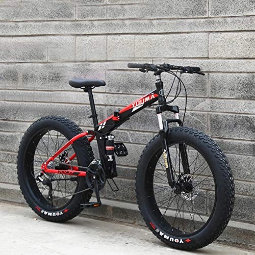 Electric Bike : Mountain Bike, Foldable 20" High Carbon Steel Double Shock Absorption Bicycle 21 Speed 4.0 Super Wide Tire Off Road Transmission Men And Women Pass, Redblack