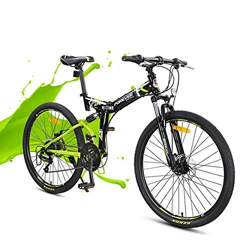 Electric Bike : Mountain Folding Bike, 24"Unisex Double Disc Brakes Off Road Bicycle 24 Speed Fully Suspended High Carbon Steel Frame Bicycle Quick Folding And Convenient Travel, Green