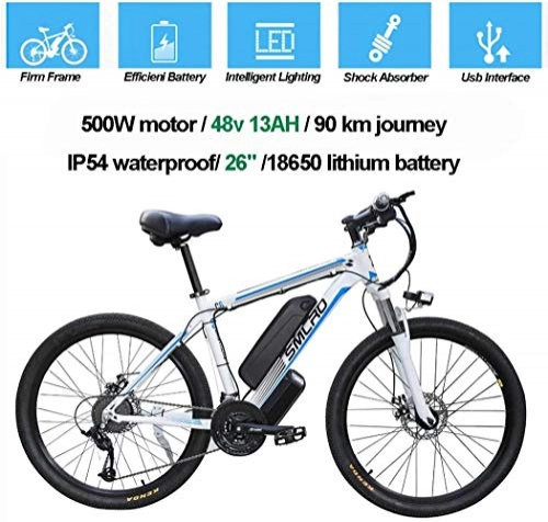 Electric Bike : MRXW Electric Bicycles for Adults, Ip54 Waterproof 500W 1000W Aluminum Alloy Ebike Bicycle Removable 48V / 13Ah, Lithium-Ion Battery Mountain Bike / Commute Ebike, white blue, 500W