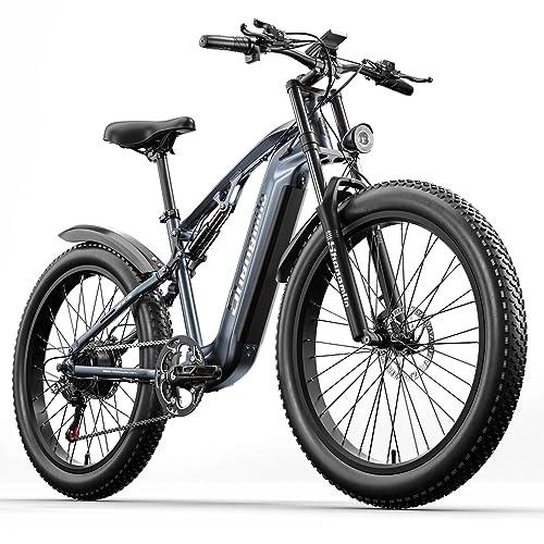 Electric Bike : MX05 full suspension electric mountain bike is equipped with 48V 17.5AH SAMSUNG CELLS long-distance cruising lithium-ion battery SHIMANO MT200 oil brake kit Bafang powerful motor 26-inch fat tire