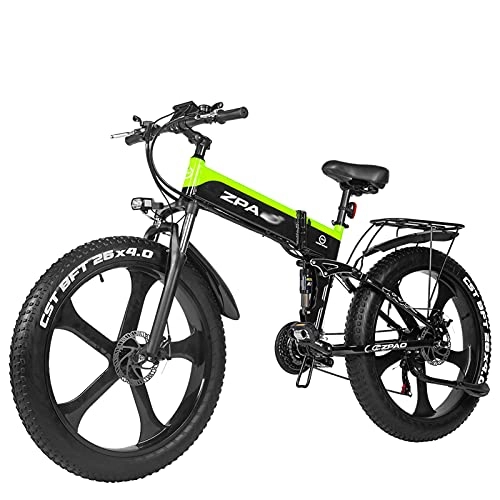 Electric Bike : MX3 1000W Folding Electric Bike for Adults 48V17Ah 4.0 Fat Tire Mountain Ebike Kit with USB 21 Speed Gears Men Women Electric Bicycle (Color : Green)