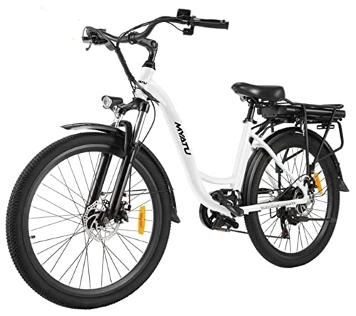 Electric Bike : MYATU Electric Bicycle City Bike, 26 Inch E-Bike with 6 Speed Shimano Derailleur, 12.5 Ah Battery and 250 W Rear Motor, White