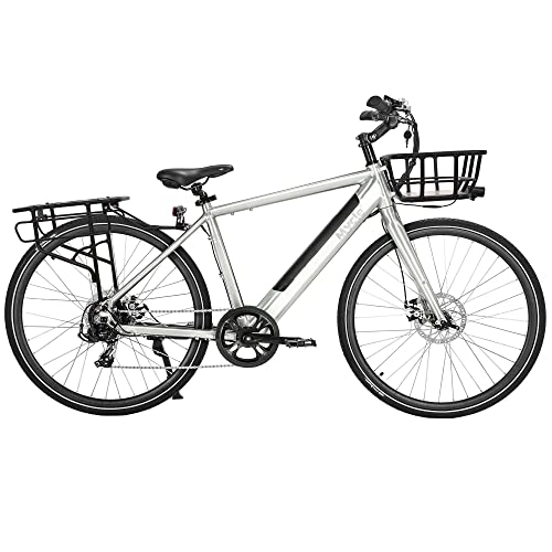 Electric Bike : Mycle Cadence Hybrid Electric Bike for Adults | Including Basket Bag & Rear Basket | 36V Battery | Brushless Motor 36V / 250W | 5 Power Levels & 7 Speed Gears | 27.5” Tyres | LED Display (Raw Aluminum)