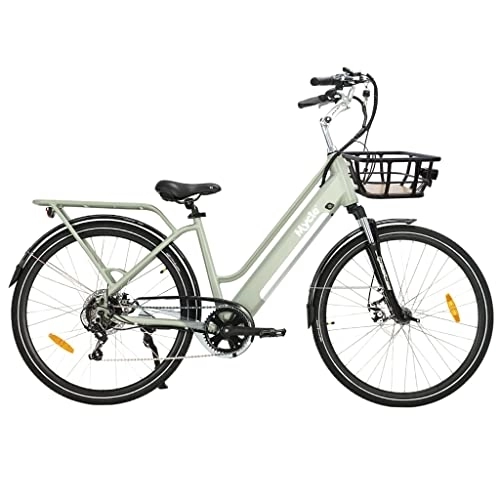 Electric Bike : Mycle Comfort Electric Step Through Bike Adults |Includes Basket Bag & Rear Basket | 36V Battery | Brushless Motor 250W | 3 Power Levels & Shimano 7 Speed Gears| 28” Tyres | LED Display (Stanley Sage)