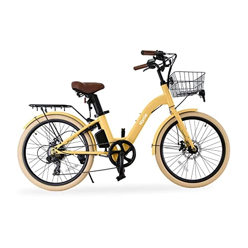 Electric Bike : Mycle Ladies Electric Bike | Electric Bike for Adults | Shimano 250W High Speed Motor | 50km Range | 5 Power Levels & Microshift 7 Speed Gears | 24” Tyres | LCD USB Display (Mustard Yellow)