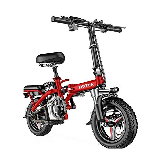 Electric Bike : N / / A Adult E-Bike, Foldable E-Bike, 14 Inch E-Bike, Commuter E-Bike, 48v / 250w Brushless Motor (Red-80km)