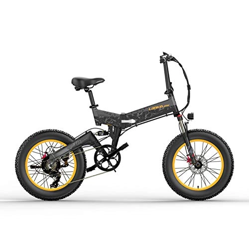 Electric Bike : Nbrand X3000 20 inch Folding Electric Mountain Bike, 4.0 Fat Tire Snow Bike, 48V Lithium Battery, 5 Level Pedal Assist Bicycle (Black Yellow, 1000W 14.5Ah)