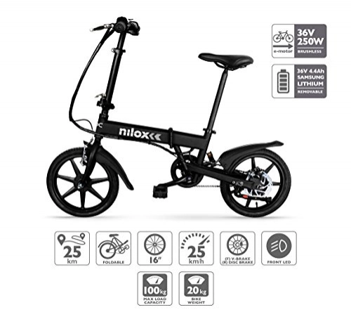 Electric Bike : Nilox X2, E-bike, Electric Bike, Citybike, Commuter Bike, Foldable Bike, Folding Electric Bike, 25 km / h Speed, Black