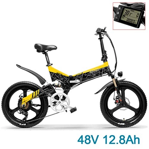 Electric Bike : NYPB 20 Inch Folding Electric Bike, 48V 10.4Ah / 12.8AH Rechargeable Lithium Battery, Seat Adjustable 400WMotor Max Speed 25km / h Disc Brake Power Off Safety Brake, Black yellow, 48V 12.8AH