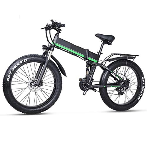 Electric Bike : NYPB Electric Bike Foldable, Electric Beach Bike 26inch*4.0 Fat Tire 1000W Motor with Seat and Electronic Horn LCD Display Screen 36V 12.8AH Removable Charging Lithium Battery, Green
