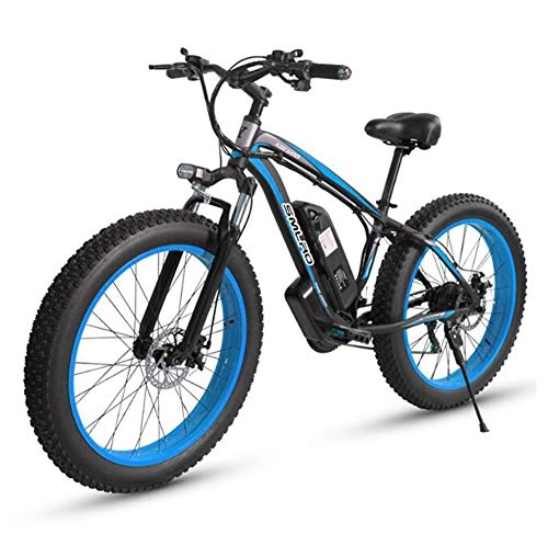 Electric Bike : ONLYU Electric Mountain Bikes, 26 * 4.0 Inch Fat Tire Electric Beach Snow Bike with Battery Lock 36V 10Ah High Capacity 27-Speed Disc Brake Lithium Battery Electric Bicycle, black blue