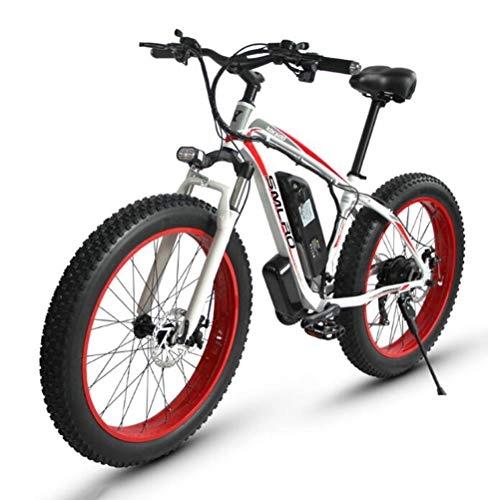 Electric Bike : ONLYU Electric Mountain Bikes, 26 * 4.0 Inch Fat Tire Electric Snow Bike with Battery Lock 48V 15Ah High Capacity 27-Speed Disc Brake Lithium Battery, white red