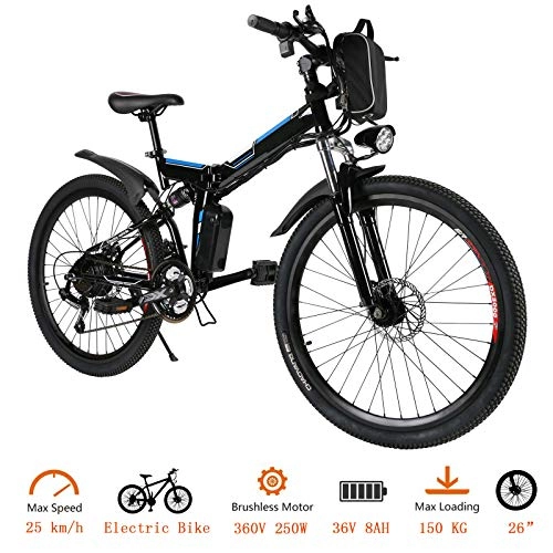 Electric Bike : Oppikle 26'' Electric Mountain Bike with Removable Large Capacity Lithium-Ion Battery (36V 250W), Electric Bike 21 Speed Gear and Three Working Modes (Black Blue)