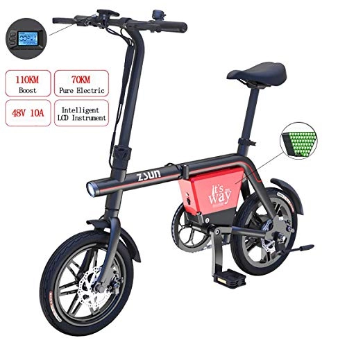 Electric Bike : OTO 14 Inch Folding Electric Bicycle - Double Disc Brakes Waterproof Commuter Bike 48V 10A Removable Lithium Battery E-Bike with 70Km Range And Top Speed 30Km / H, Small Mini Lady Car, Black