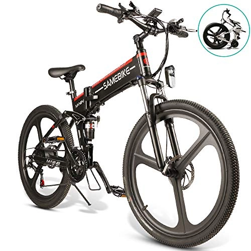 Electric Bike : OUXI LO26 Electric Mountain Bike, Folding Electric Bike for Adults 10.4Ah 350W with Shimano 21 Speed LED Display 26inch Tire Suitable for Men Women City Commuting (Black)